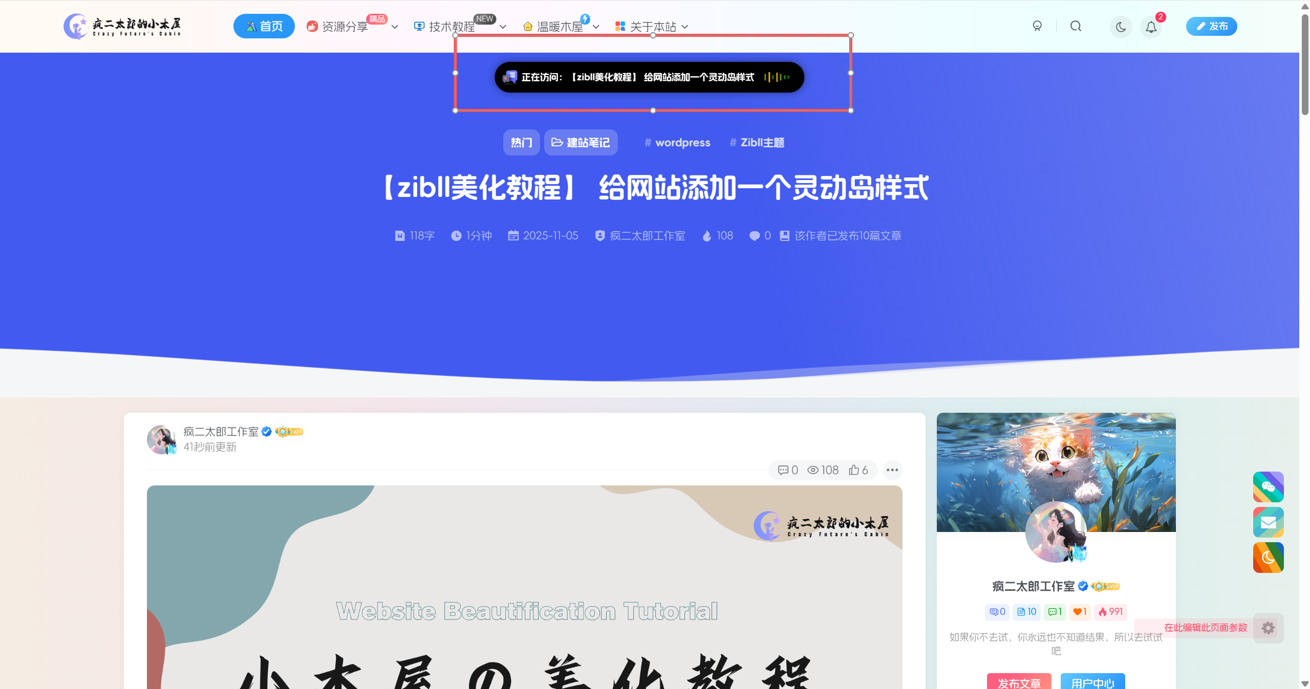 【zibll美化教程】 给网站添加一个灵动岛样式 - 疯二太郎的小木屋 - 星辰梦下的静谧之地